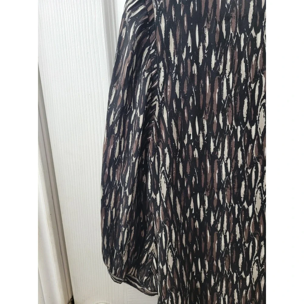 Tory Burch Silk Ruffle V-Neck Blouse 3/4 Sleeve Abstract Print Black Brown Sz 8